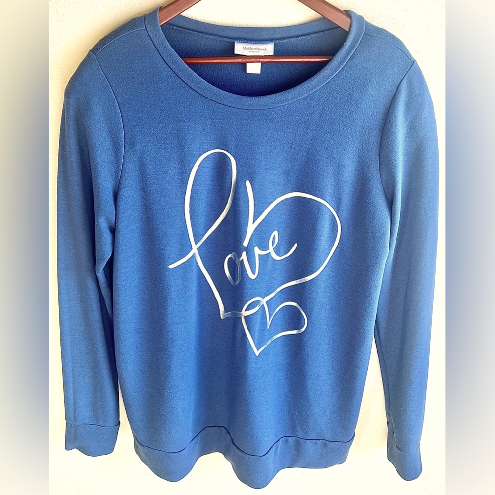 Motherhood Maternity “Love” Graphic Long Sleeve Blue Sweatshirt (Size L)